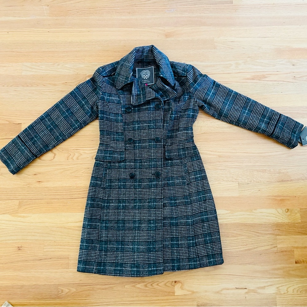 NWT Vince Camuto black and white plaid walker double breasted pea coat